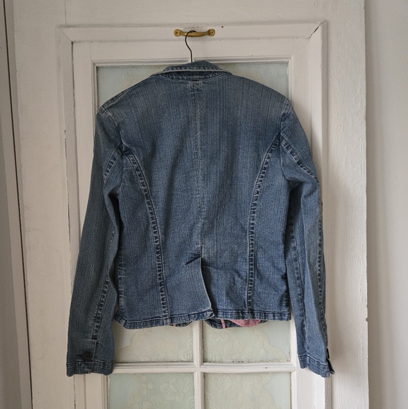 American Eagle Blue Denim Blazer Jacket Pink Trim L/G - Picture 2 of 5